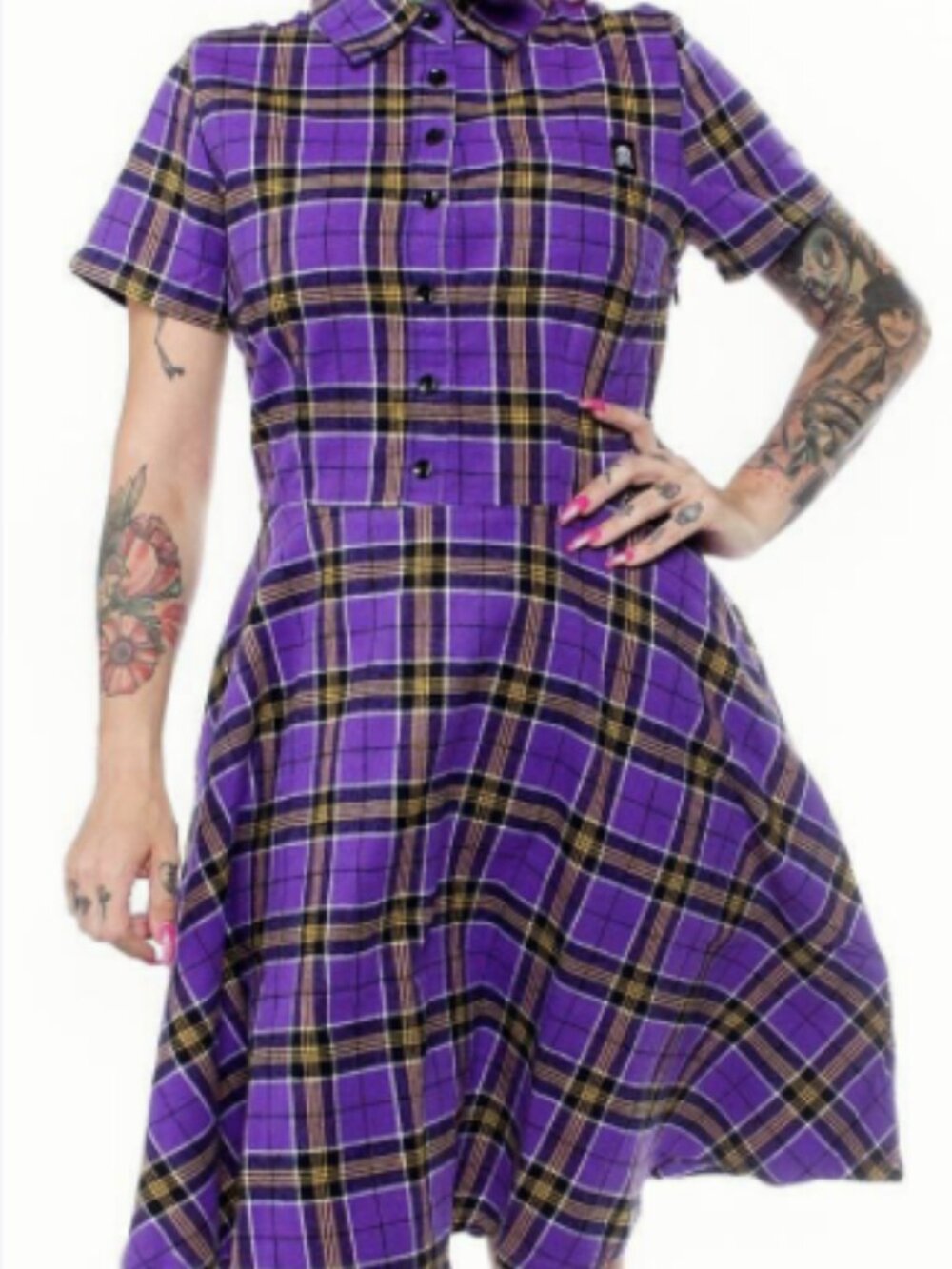 Sourpuss Purple Punk Plaid Short-Sleeve Fit & Flare Dress Med